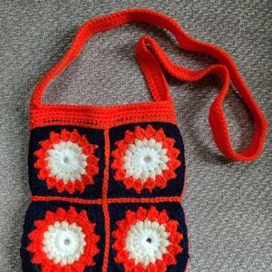 Handcrafted Crochet Shoulder Bag - Orange and Navy